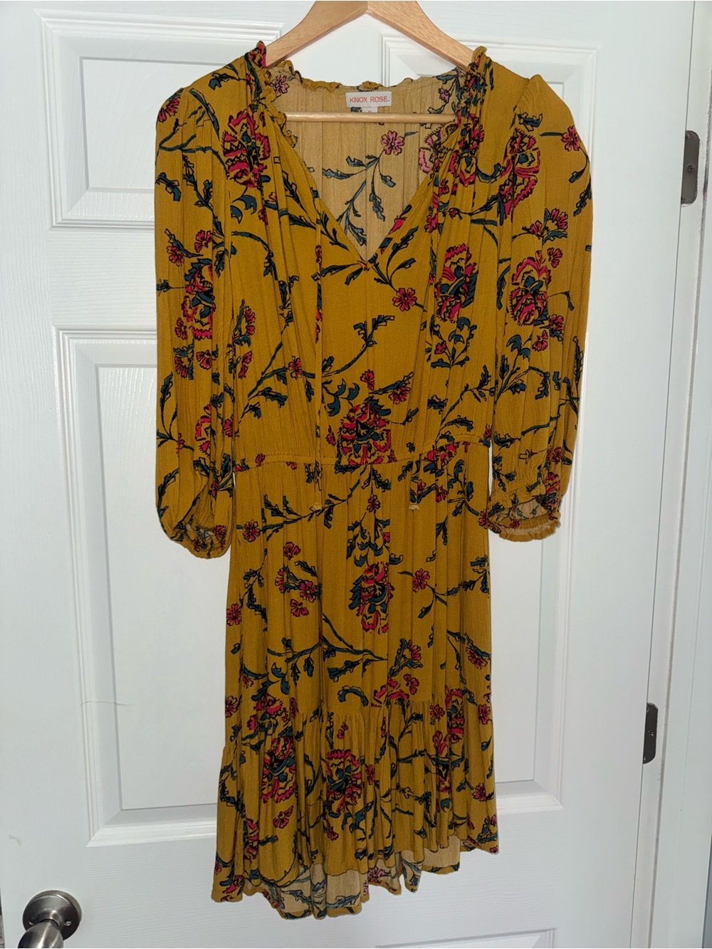 Knox Rose Mustard Floral Midi Dress with Red and Black Accents